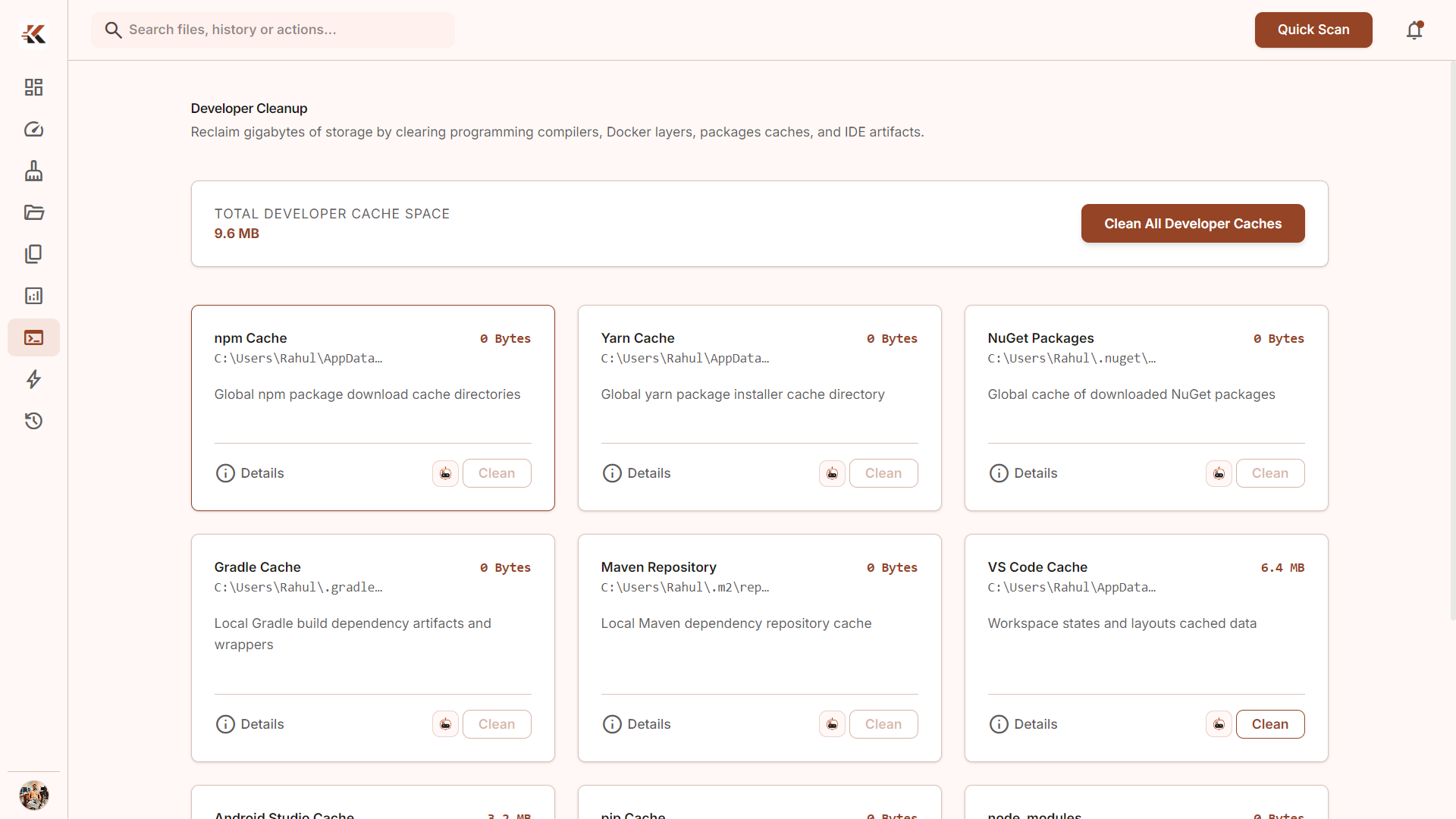 KlyFlux Developer Cleanup interface showing build caches, node modules, and docker layers.