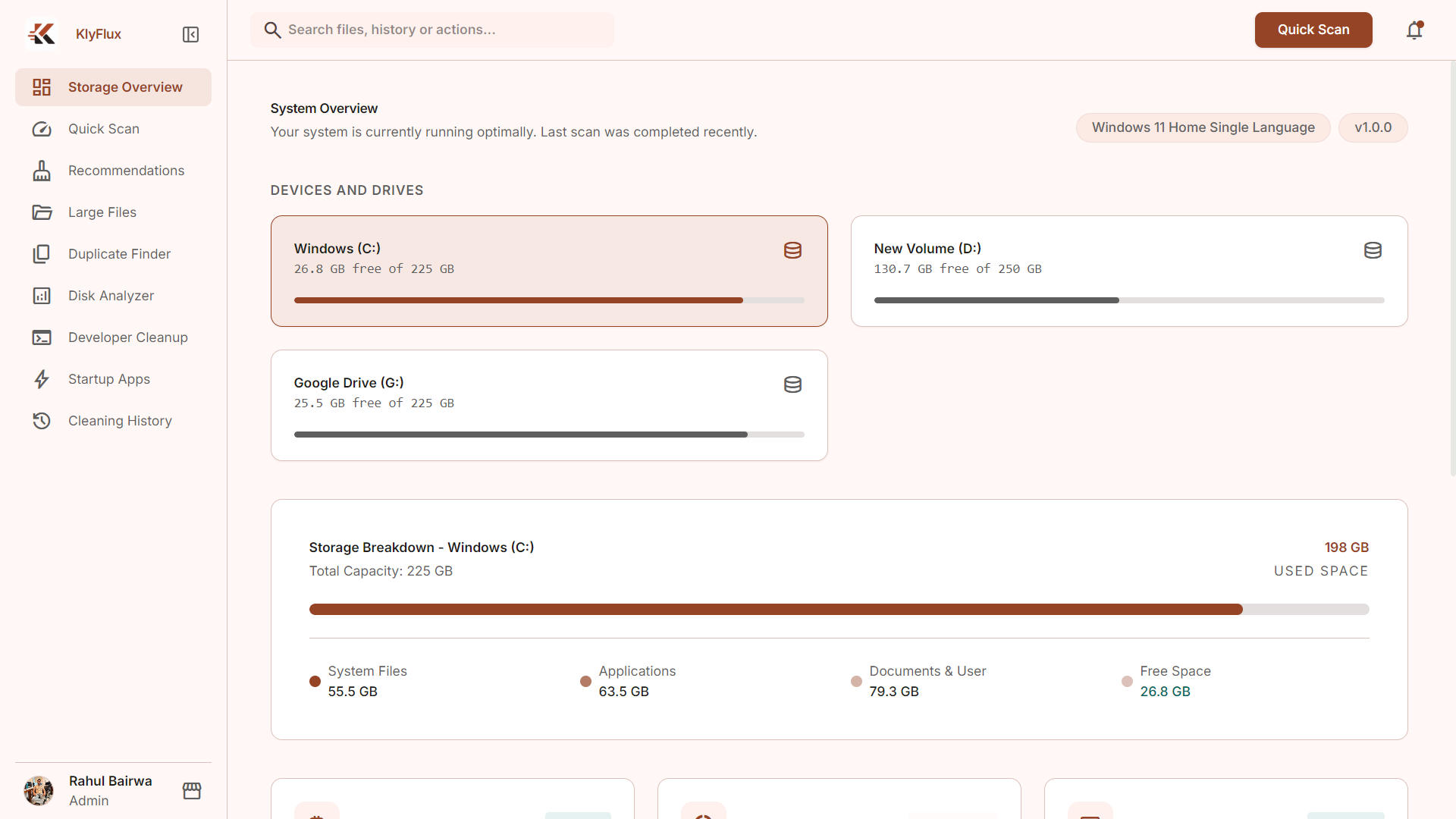 KlyFlux Overview Dashboard showing PC health, storage details, and quick actions.